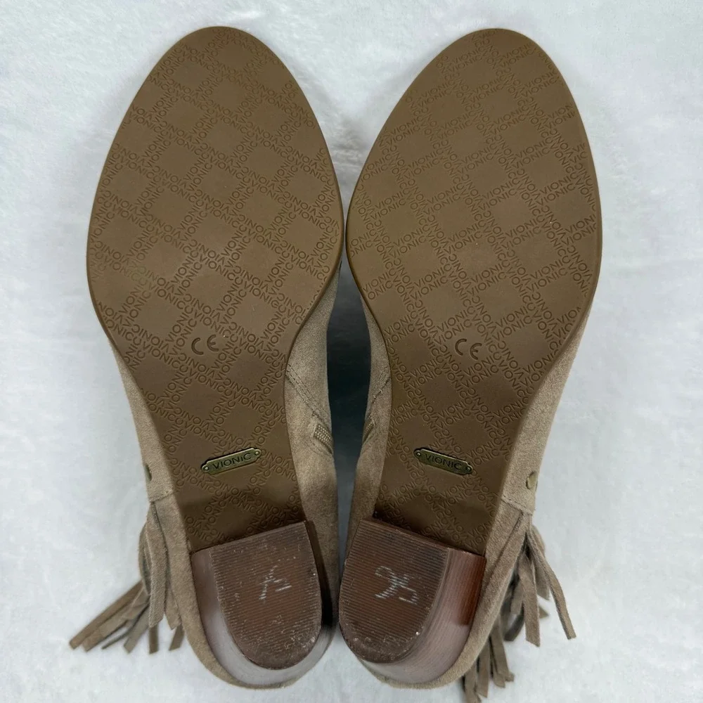 Vionic‎ Suede Fringe Ankle Booties Western Accents Taupe Brown Women's Size 9